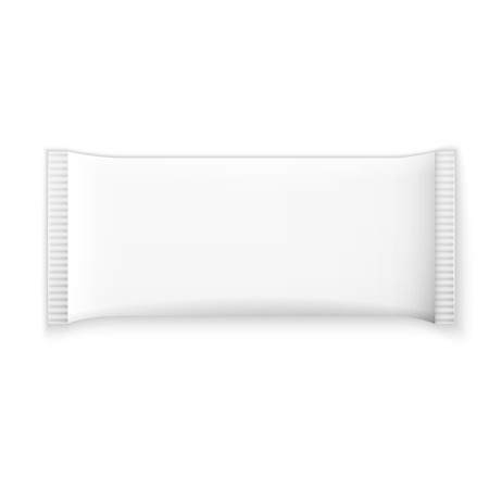 Blank white plastic sachet for medicine, condoms, drugs, coffee, sugar, salt, spices, isolated on grey background with place for your design and branding.のイラスト素材