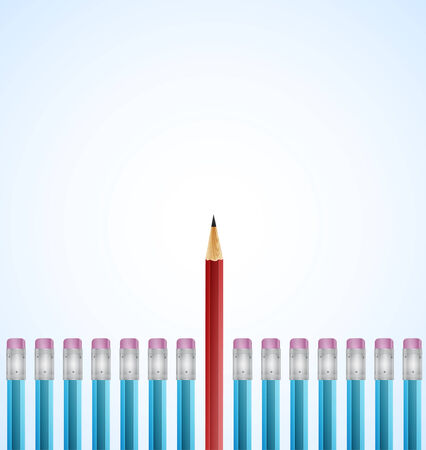 Row of Blue Pencils With One Selected Red on White Backgroundのイラスト素材