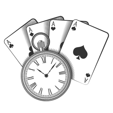Old pocket watch and playing cards, excellent vector illustration, EPSのイラスト素材
