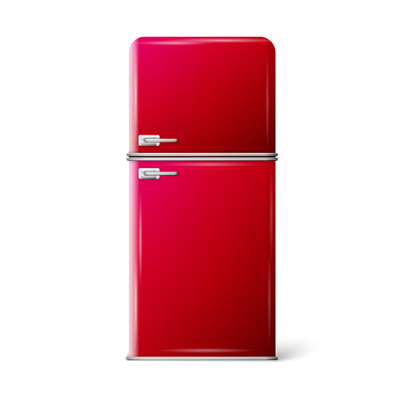 Retro Fridge refrigerator in red retro color. Household appliances. Vector isolated on white backgroundのイラスト素材