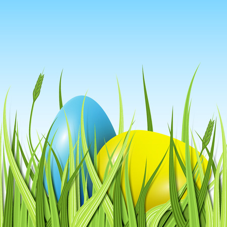 Happy Easter, two eggs yellow and blue in the grassのイラスト素材