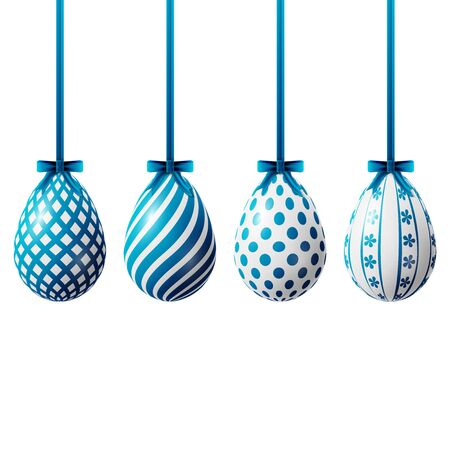 Happy Easter eggs, four white-blue eggs with different patterns on a white backgroundのイラスト素材