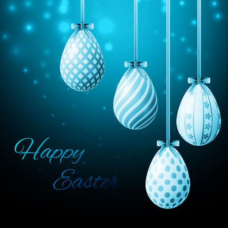 happy easter poster, blue eggs with different patterns on a blue backgroundのイラスト素材