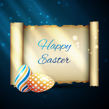 happy easter poster, colored eggs on a blue backgroundのイラスト素材