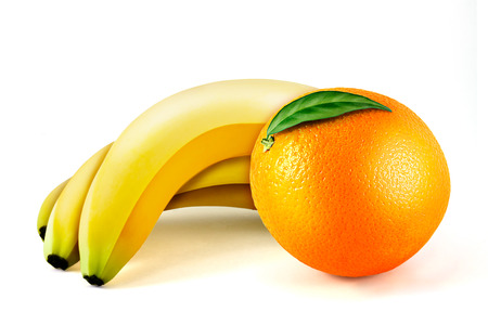 fresh orange and banana isolated on a white backgroundの写真素材