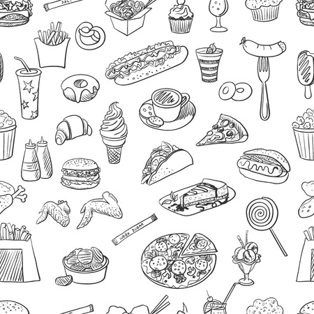 Hand drawn fast food pattern, excellent vector illustrationのイラスト素材