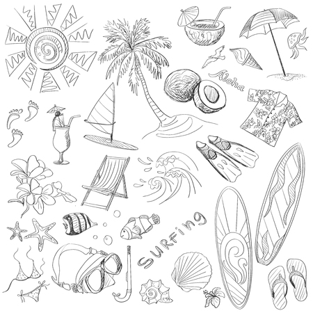 surfing hand draw doodles, various summer, excellent vector illustrationのイラスト素材