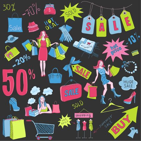 Colored Shopping doodles Sale. Hand drawn style, excellent vector illustrationのイラスト素材