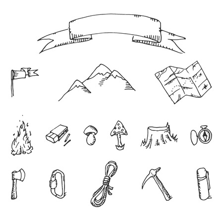 Hand-drawn doodle on the camping theme isolated on white background.のイラスト素材