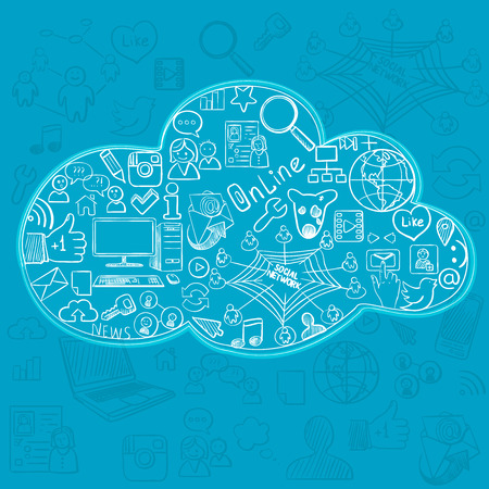 Social doodle icons in cloud, Hand drawn backgroundのイラスト素材