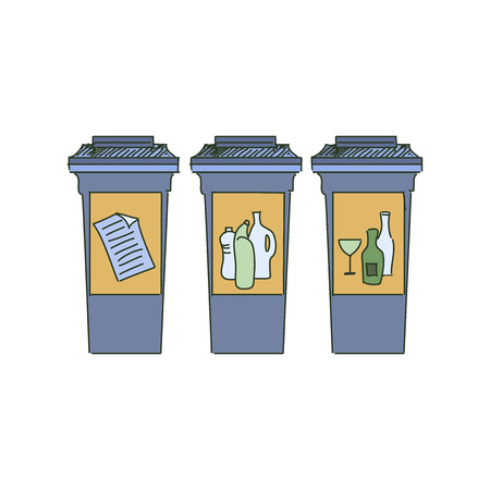 Different Colored Recycle bins, garbage separation with waste icon, illustration of waste management conceptのイラスト素材