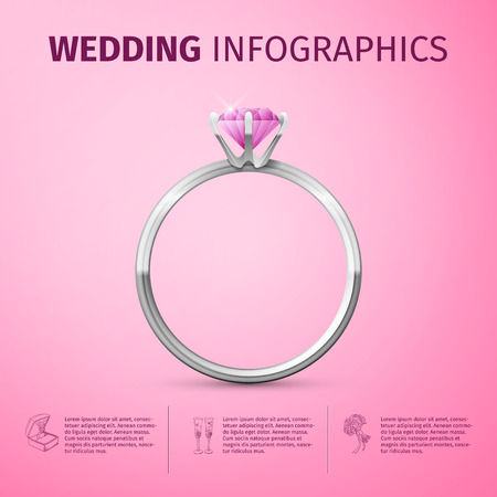 Wedding infographic with diamond ring. Wedding day coast statistics design template.のイラスト素材