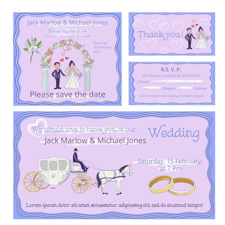 Wedding invitation, thank you card, save the date cards. Wedding setのイラスト素材