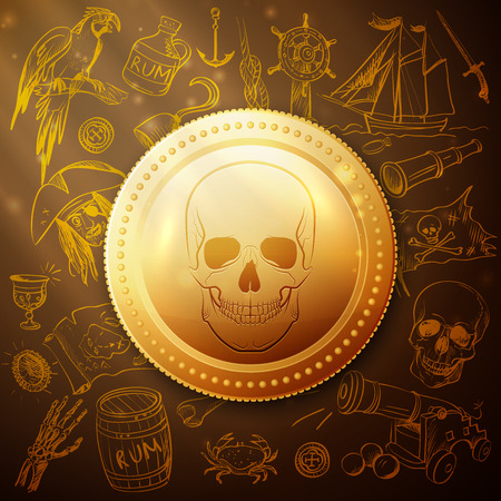 coin skull pirate and Hand drawn icon, excellent.のイラスト素材