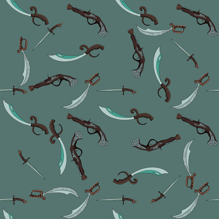 doodle weapons pattern. pistol, cutlass, sword.のイラスト素材