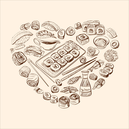 sushi as a heart. Japanese traditional cuisine illustration.のイラスト素材