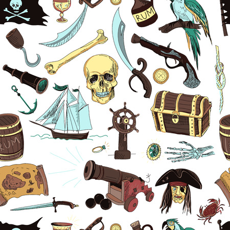 Hand drawn pattern with pirate elements and objects on color background.のイラスト素材