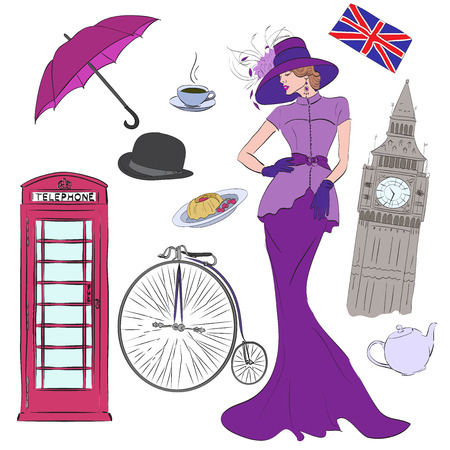Lady and vector elements of London such as Big Ben, pies, umbrella, flag, hat, coffee, phone boothのイラスト素材