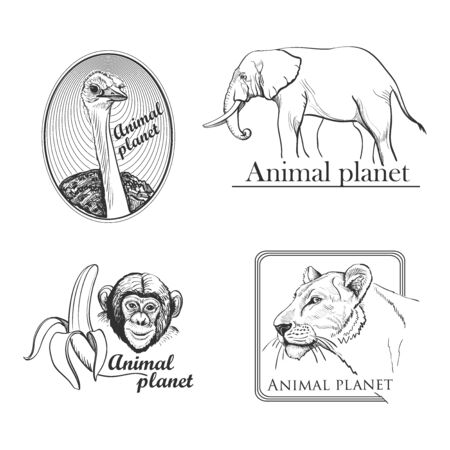 Animal planet Logo Symbol For Your Design with lioness, monkey, ostrich, elephantのイラスト素材