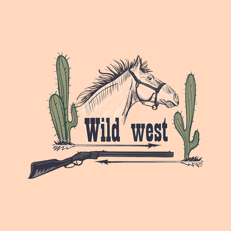 Wild west emblem with horse, revolver and cactusのイラスト素材
