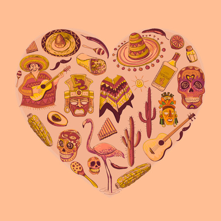 Mexico love - heart with set- guitar, sombrero, tequila, taco, skull, aztec mask, music instruments. Isolated national elements made in vector.のイラスト素材