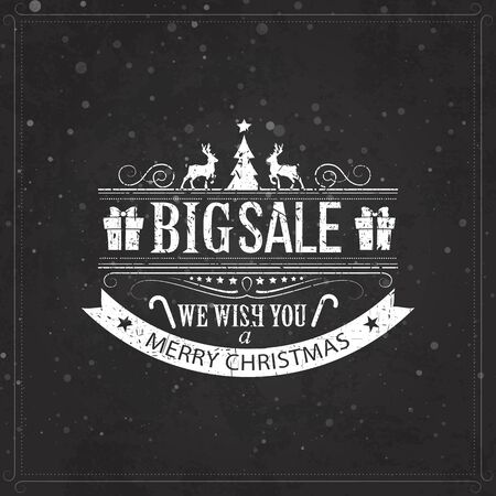 Christmas sale design set - labels, emblems on black board with xmas tree, deer and gifts for your designのイラスト素材