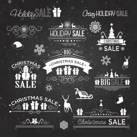 Christmas sale design set - labels, emblems on black board with xmas tree, deer, santa, angel, candle, christmas toys, gifts and bells.のイラスト素材