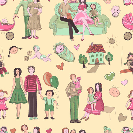 hand drawn seamless pattern with happy families. Home, children, happiness, parents, sun, love, stroller, babyのイラスト素材