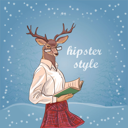 Hand Drawn Vector Illustration of Deer Hipster. Merry Christmas Cardのイラスト素材