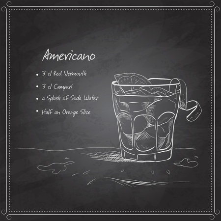 Cocktail americano on black board with ingredients. Alcohol cocktails theme.のイラスト素材