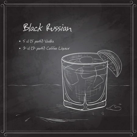 Cocktail black russian on black board. It consists of vodka, ice and coffee liqueur.のイラスト素材