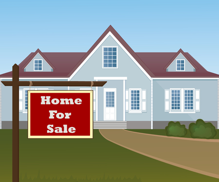 Home For Sale Real Estate Sign in Front of Beautiful New House.のイラスト素材