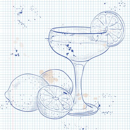The Daiquiri Cocktail on a notebook page, low-alcohol drink. It consists of rum, sugar and lime.のイラスト素材