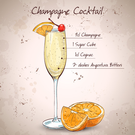 Champagne cocktail in glasses with fresh orange and cherryのイラスト素材
