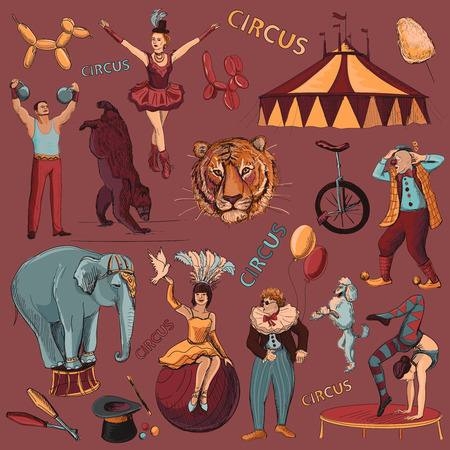 Circus. Collection of hand drawn icons with acrobats,  athlete, clowns, elephant, tricks, tiger, dog, bear, bikeのイラスト素材