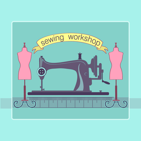 Hand drawn sewing lable with a sewing machine. Vector illustration.  のイラスト素材