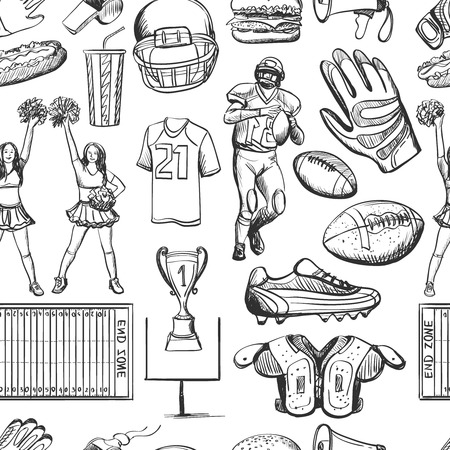 American Football Seamlees pattern with equipment such as helmet, cup, shape, ball, cheerleaders, player, sneakers. Sport backgroundのイラスト素材