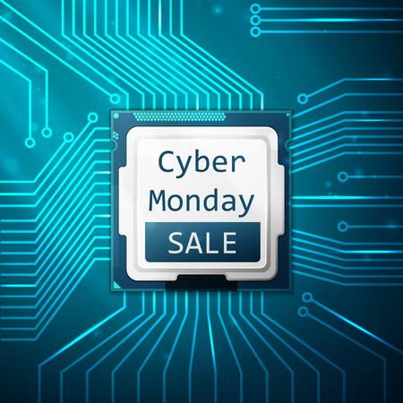 Cyber Monday Sale poster, electronic circuit board with processor. Vector illustrationのイラスト素材