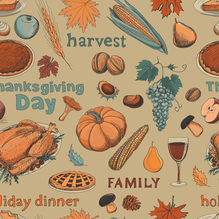 Hand drawn seamless pattern thanksgiving with turkey, pie, pumpkin and vegetablesのイラスト素材