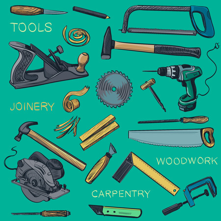 Collection of hand drawn Carpentry, woodworker, joinery icons. Craft Woodwork Screwdriver Table Hamme, Carpenter.のイラスト素材