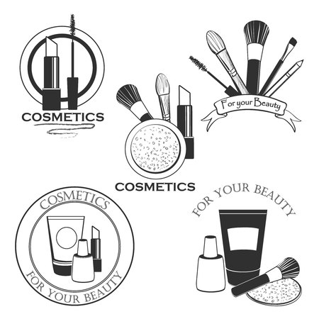 Cosmetics set label for your product or design with mascara, lipstick, creams, nail polish, powder, eye shadow, blush, brushes, glitter, lipのイラスト素材