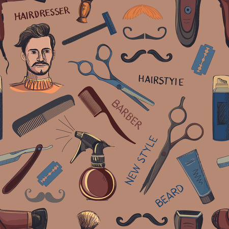 Hand drawn retro barbershop seamless pattern. Scissors, razor, shaving brush, barber pole, shaving mirror, mustache, comp. Blue backgroundのイラスト素材