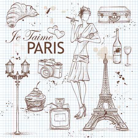 paris set on note book page with Eiffel Tower, perfume, Mademoiselle, cake, wine, croissantのイラスト素材