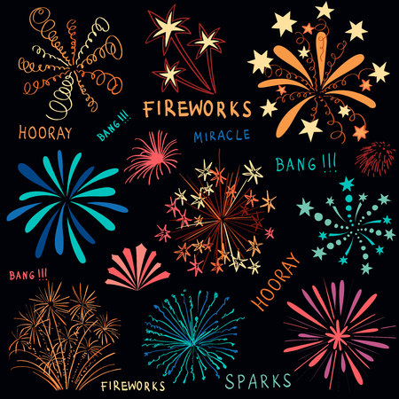 Hand drawn vector colorful fireworks set on dark backgroundのイラスト素材