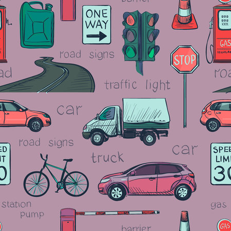 Seamless pattern of Traffic Laws icons -traffic lights, signs, cars, road, police, attention and otherのイラスト素材