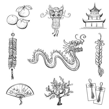 Chinese New Year icons set, Chinese word - Happy new year. Spring and Blessing.のイラスト素材