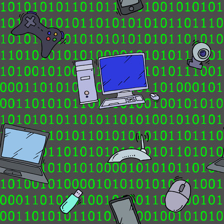 A vector seamless pattern of hand drawn doodles of electronic gadgets and devices.のイラスト素材