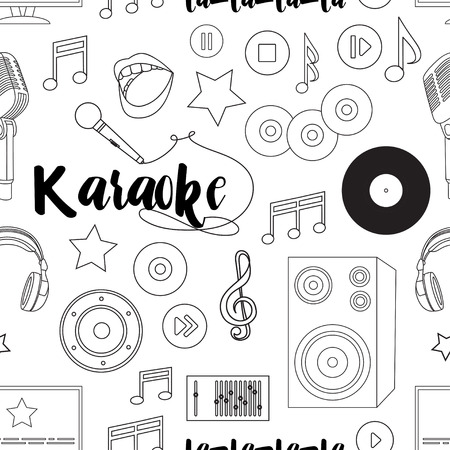 Vector pattern on the theme of karaoke. Hand drawn pattern with symbols of music on black color. Background for use in design, web site, packing, textile, fabricのイラスト素材