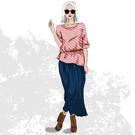 High fashion look color. Glamor stylish beautiful young woman model. Bright colorful cloth.のイラスト素材