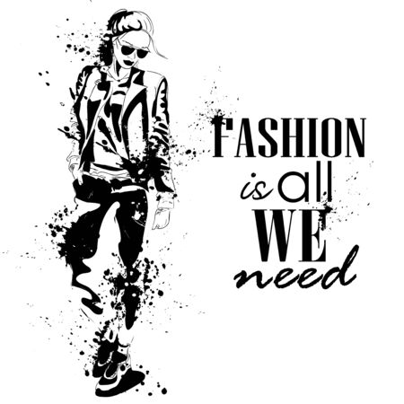 Portrait of fashion look girl. Vector hand  drawing by splashes. Fashion is all we need.のイラスト素材
